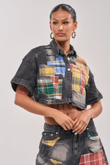 DREA MIXED PLAID CROP SHORT SLEEVE BUTTON DOWN