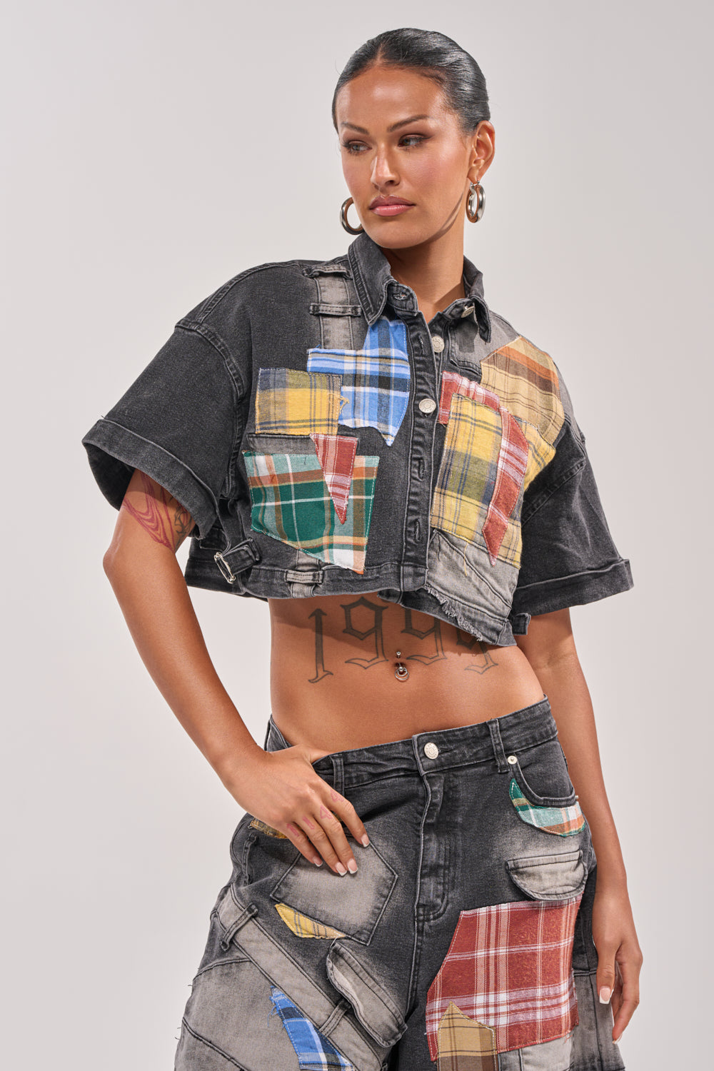 DREA MIXED PLAID CROP SHORT SLEEVE BUTTON DOWN
