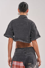 DREA MIXED PLAID CROP SHORT SLEEVE BUTTON DOWN