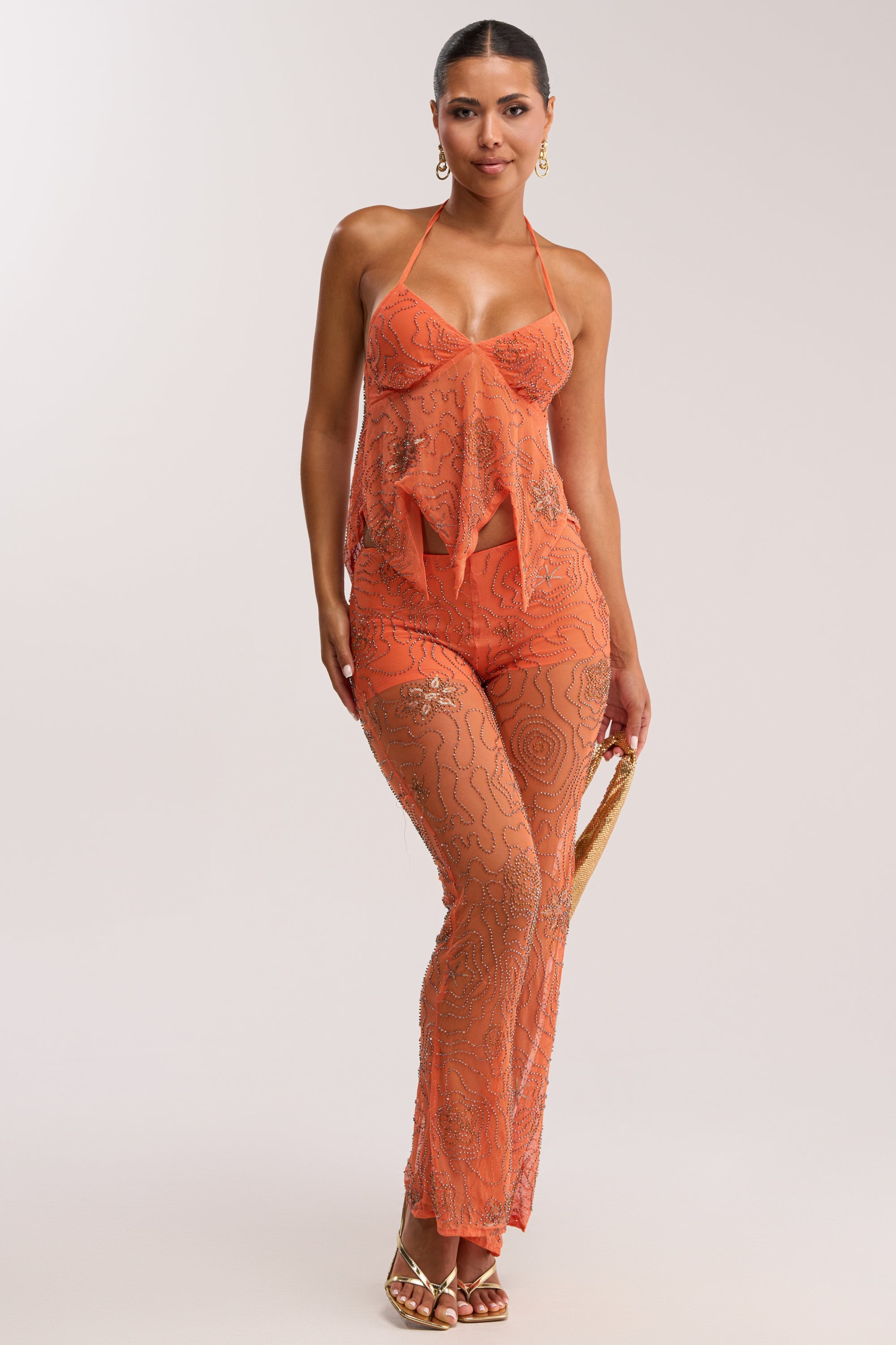 KATE EMBELLISHED MESH PANT IN ORANGE