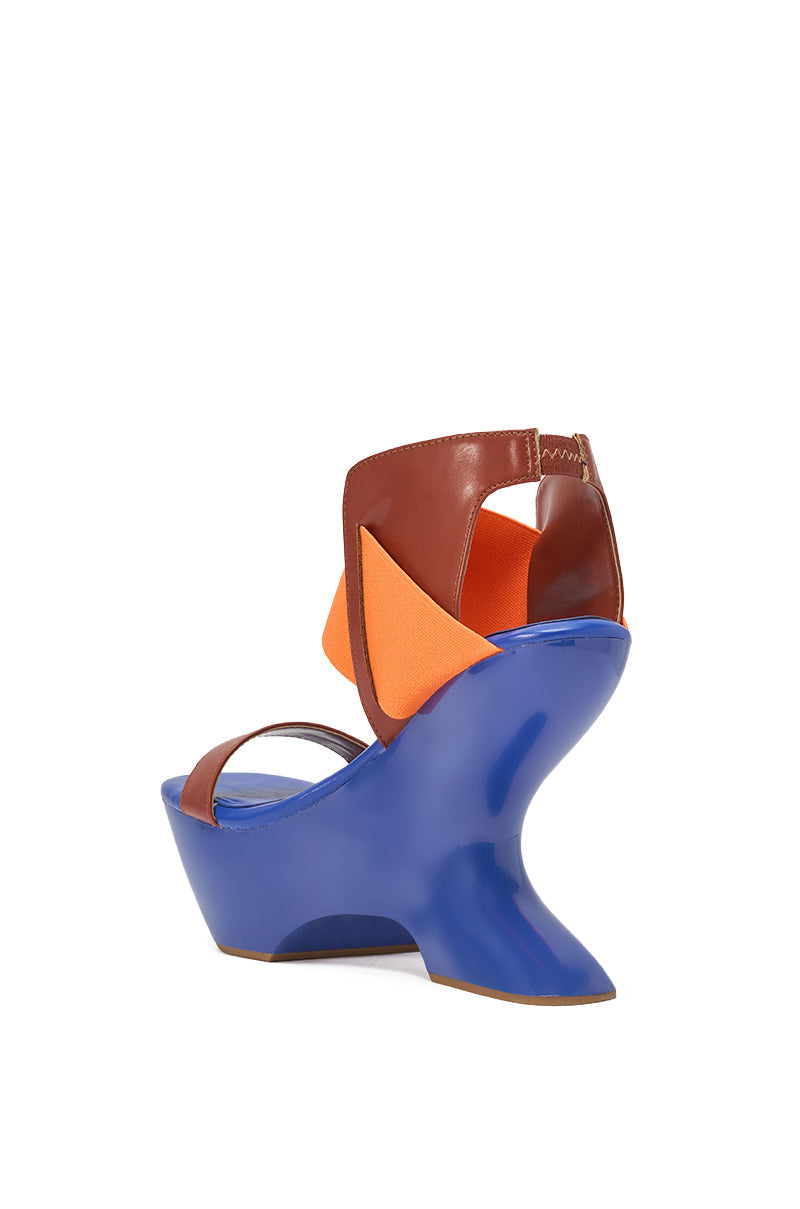 AKIRA GOLD GUILLAUME BLUE MULTI NOVELTY COLOR BLOCK WEDGE SANDAL