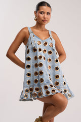 BACKSTAGE PASS GROMMET MINI DRESS IN LIGHT DENIM