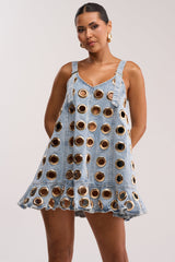 BACKSTAGE PASS GROMMET MINI DRESS IN LIGHT DENIM