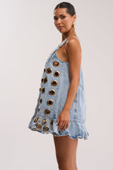 BACKSTAGE PASS GROMMET MINI DRESS IN LIGHT DENIM