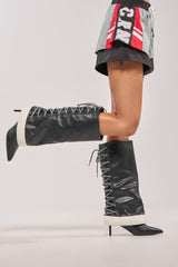 AKIRA GOLD HALOED BLACK LACE UP BACK BOOTIE