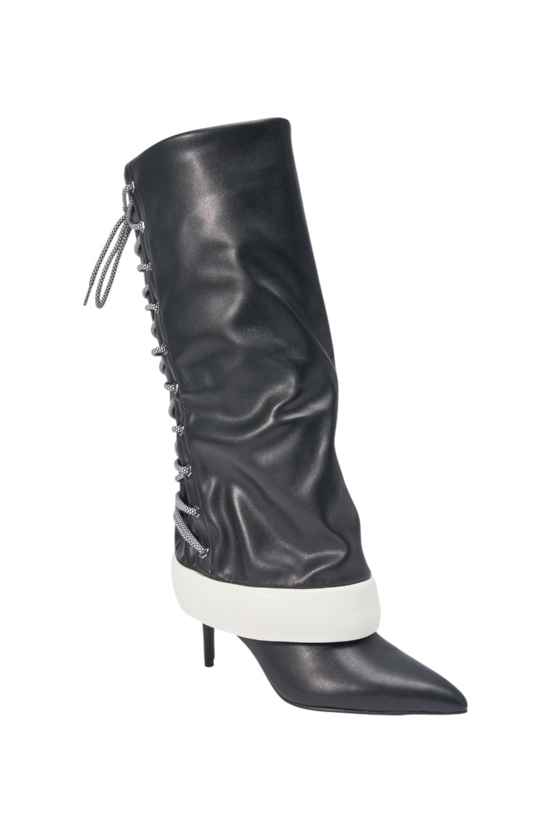 AKIRA GOLD HALOED BLACK LACE UP BACK BOOTIE