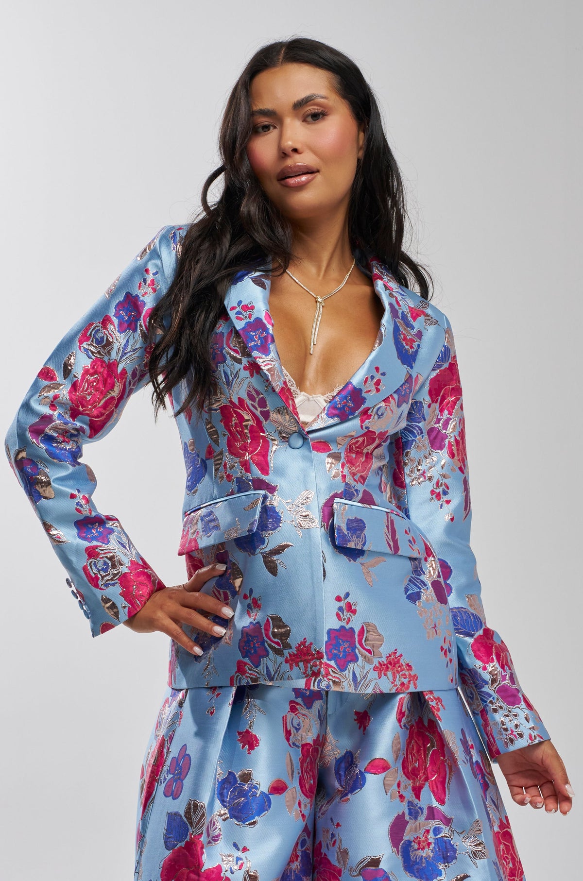 BUY MYSELF FLOWERS BROCADE BLAZER IN BLUE