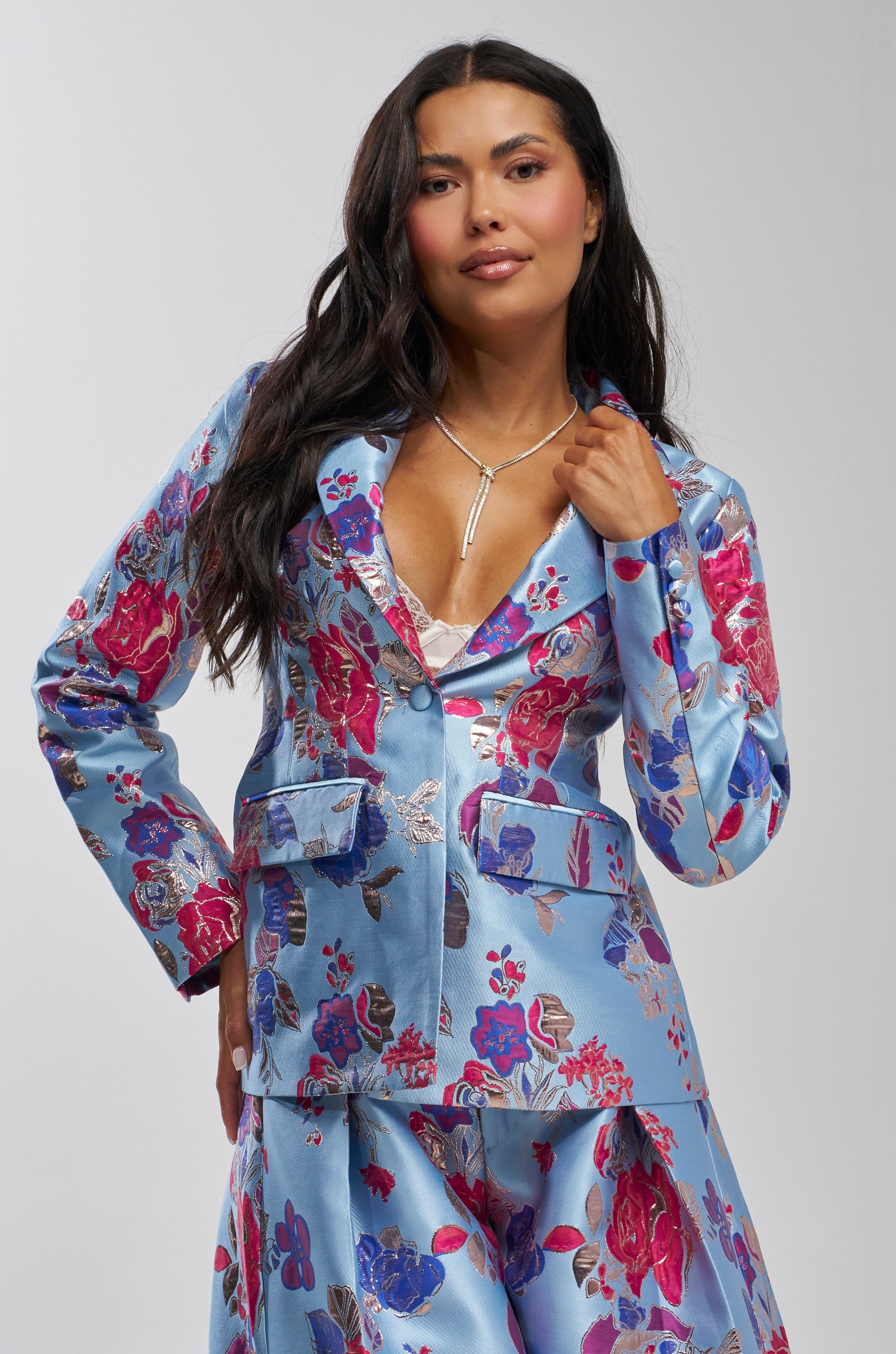 BUY MYSELF FLOWERS BROCADE BLAZER IN BLUE