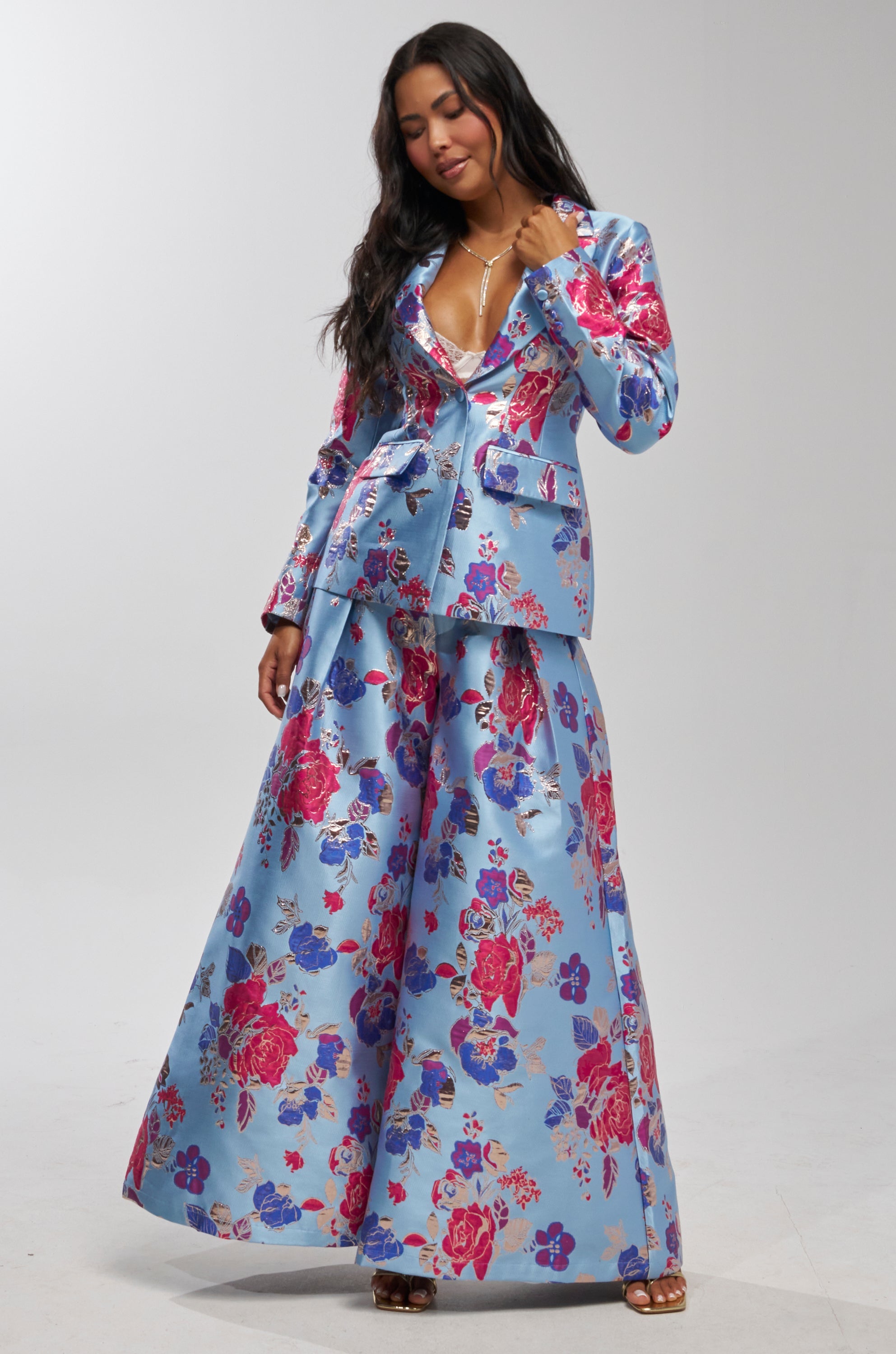 BUY MYSELF FLOWERS BROCADE BLAZER IN BLUE