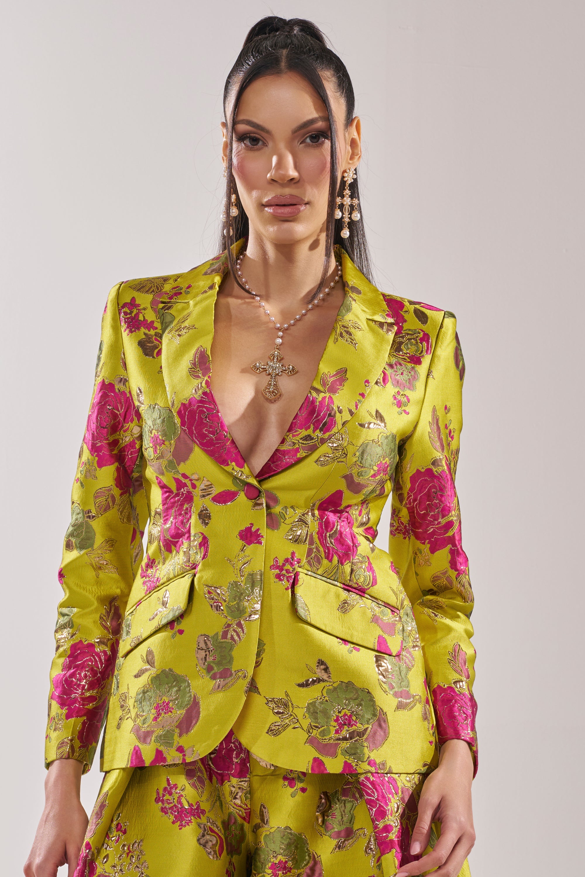 BUY MYSELF FLOWERS BROCADE BLAZER IN LIME
