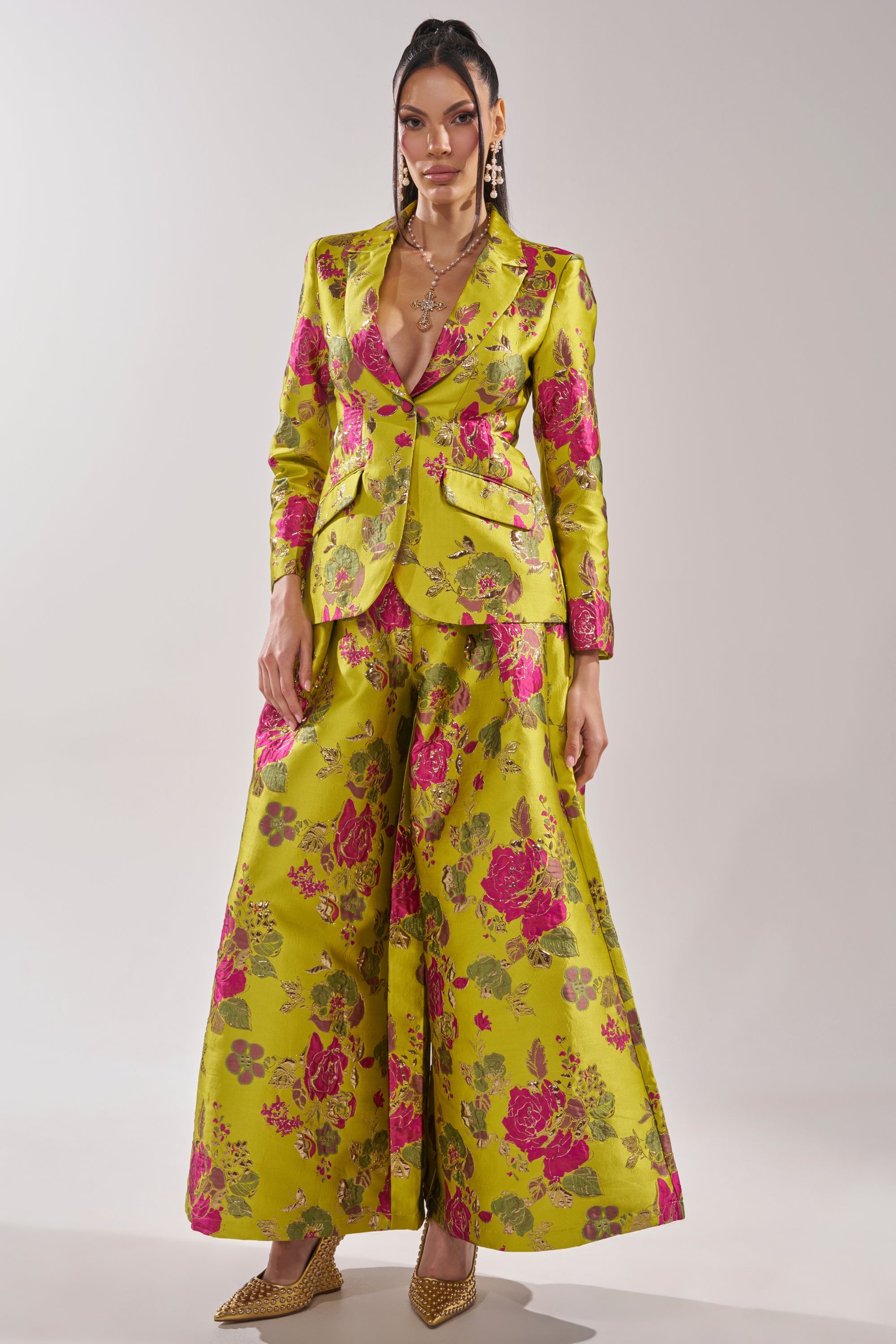 BUY MYSELF FLOWERS BROCADE BLAZER IN LIME