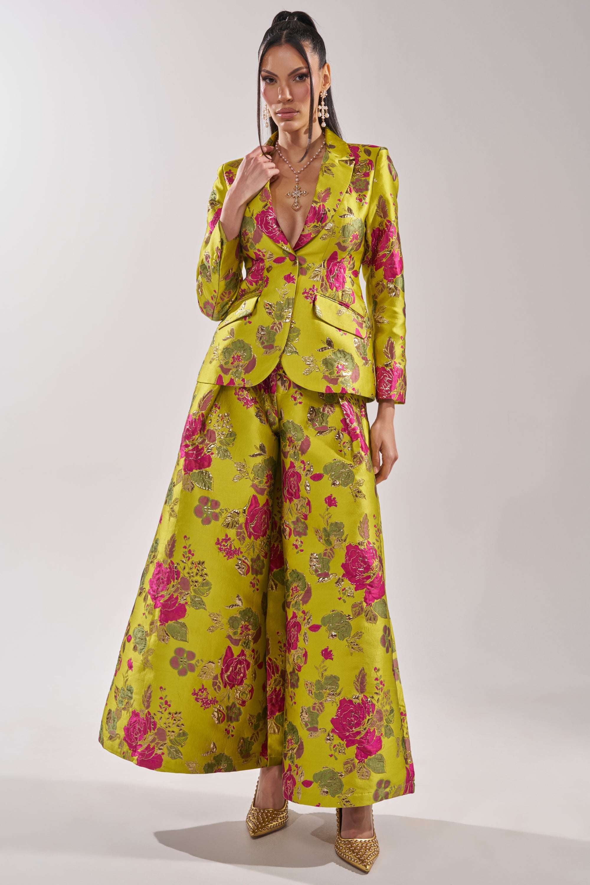 BUY MYSELF FLOWERS BROCADE BLAZER IN LIME