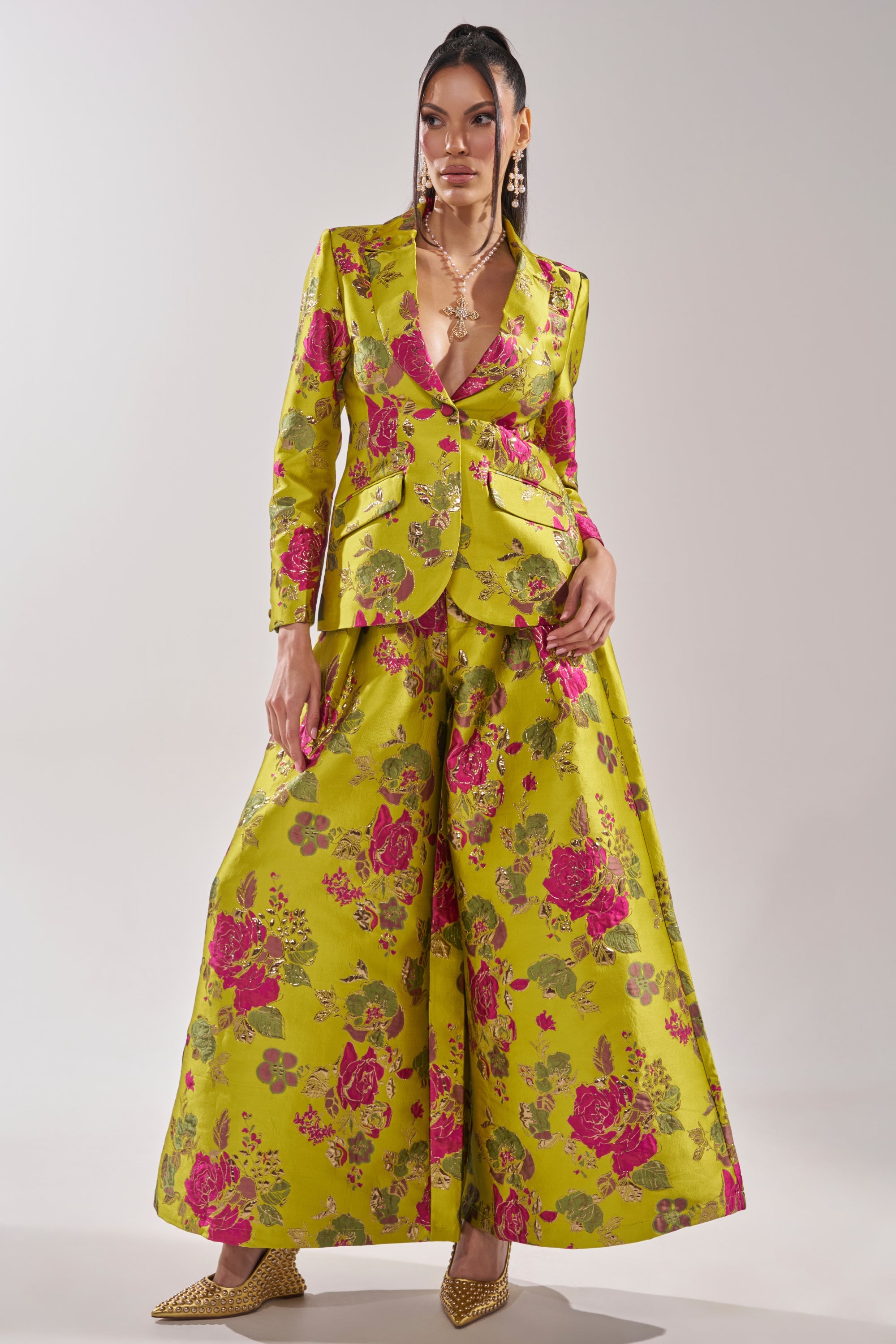 BUY MYSELF FLOWERS BROCADE BLAZER IN LIME