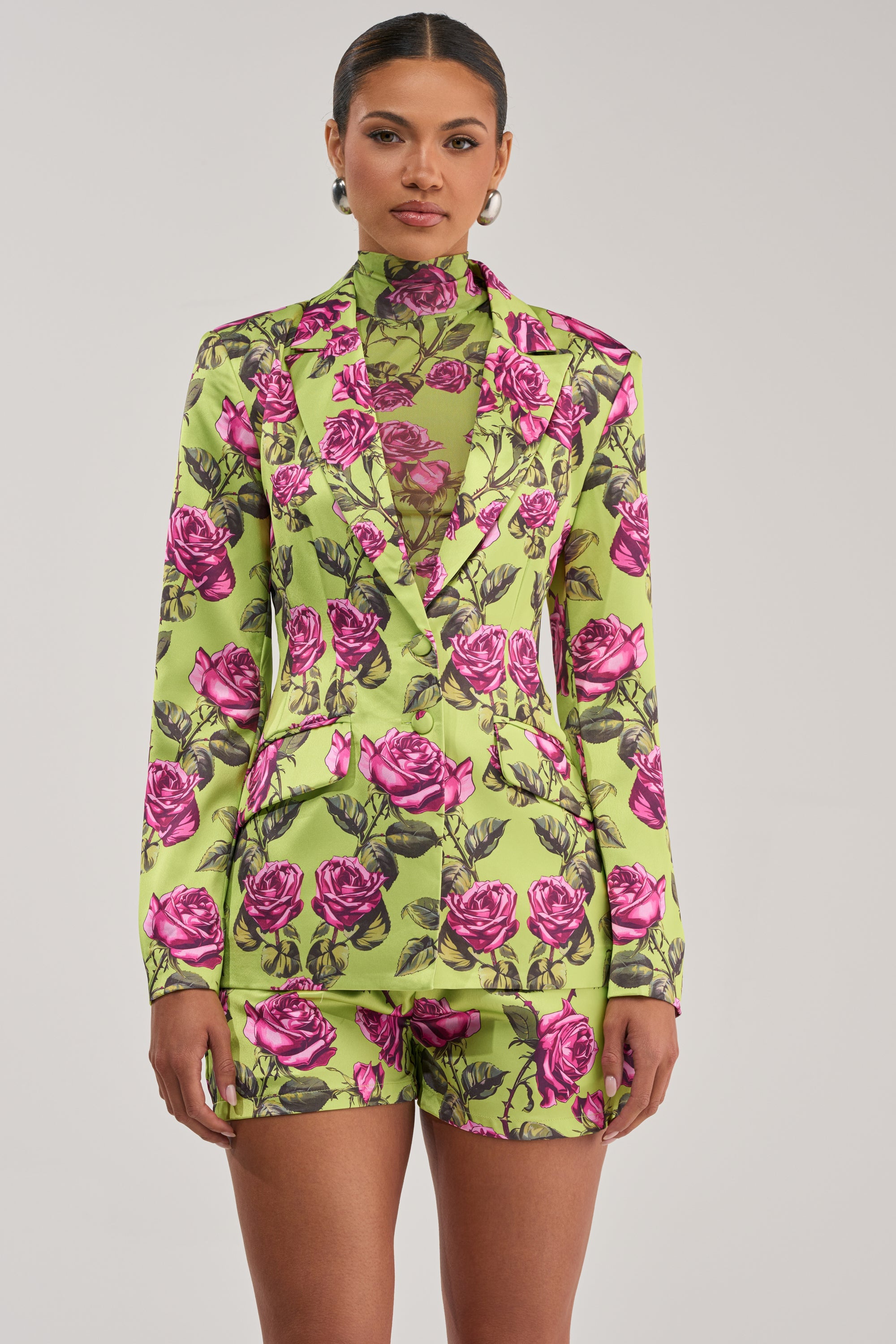 DOZEN ROSES SATIN BLAZER IN CHARTREUSE