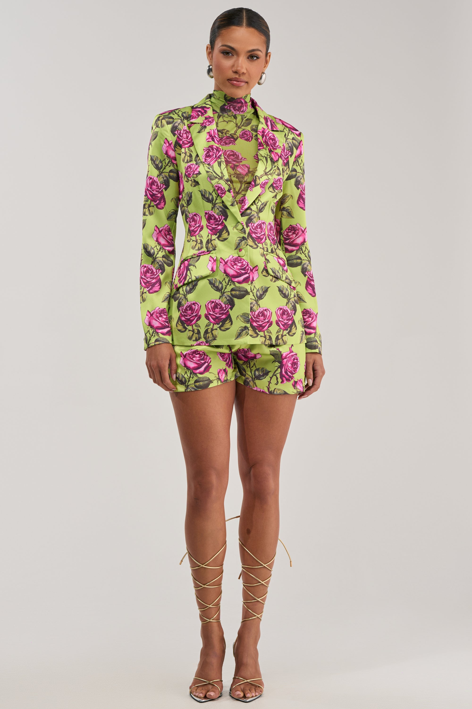DOZEN ROSES SATIN BLAZER IN CHARTREUSE