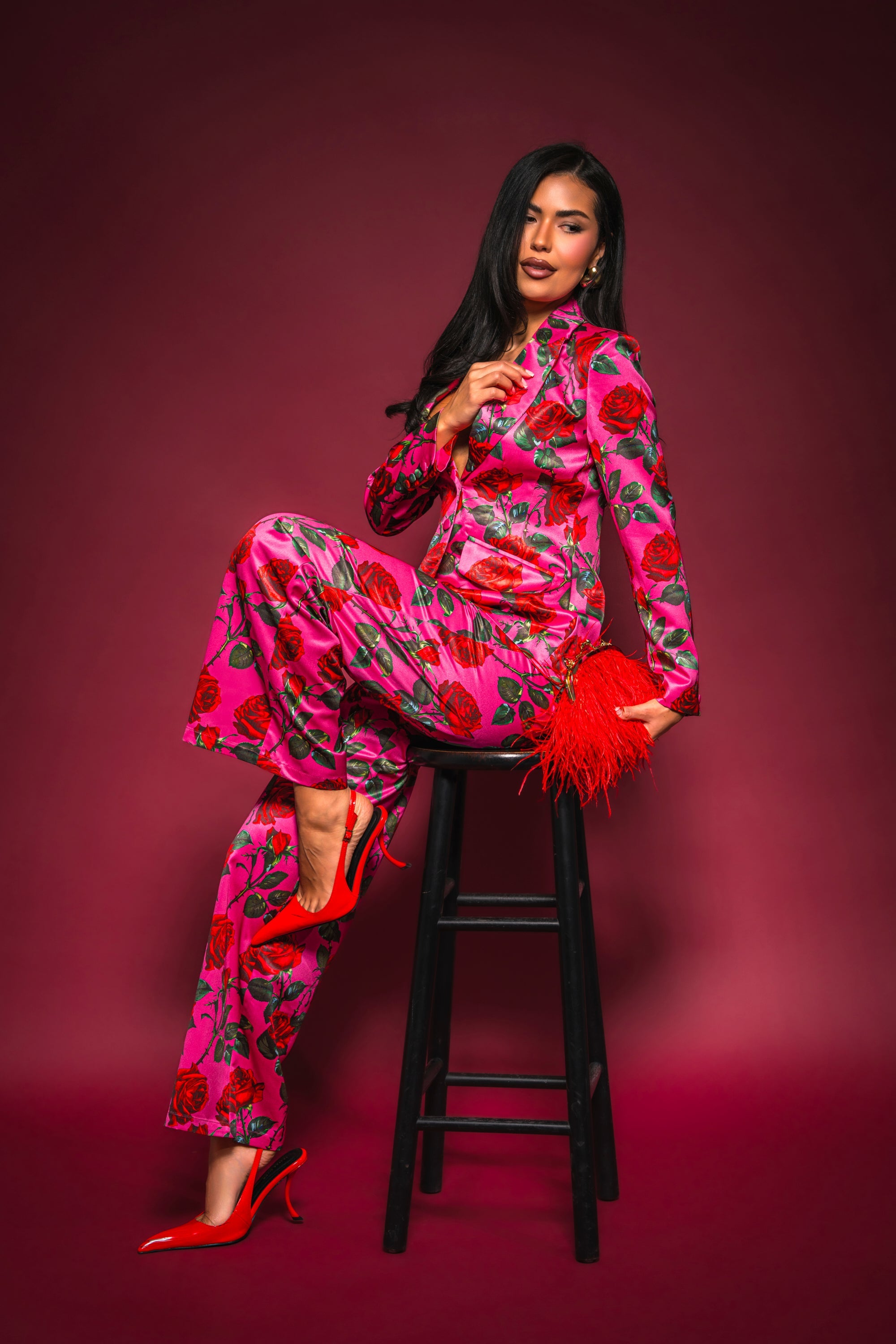 DOZEN ROSES SATIN BLAZER IN FUCHSIA