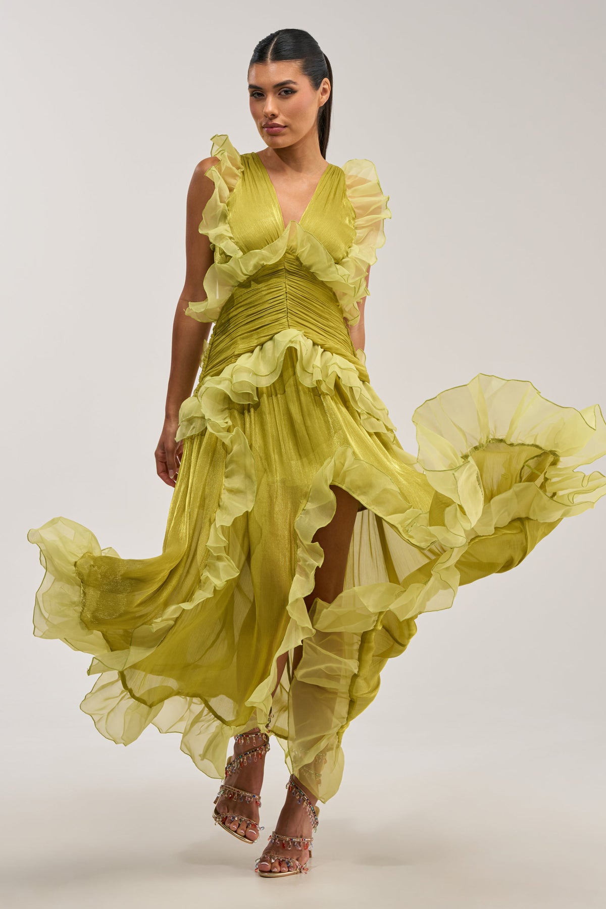 BEAUTIFUL GIRL FLOCKED CHIFFON MAXI DRESS IN GREEN