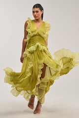 BEAUTIFUL GIRL FLOCKED CHIFFON MAXI DRESS IN GREEN