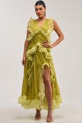 BEAUTIFUL GIRL FLOCKED CHIFFON MAXI DRESS IN GREEN