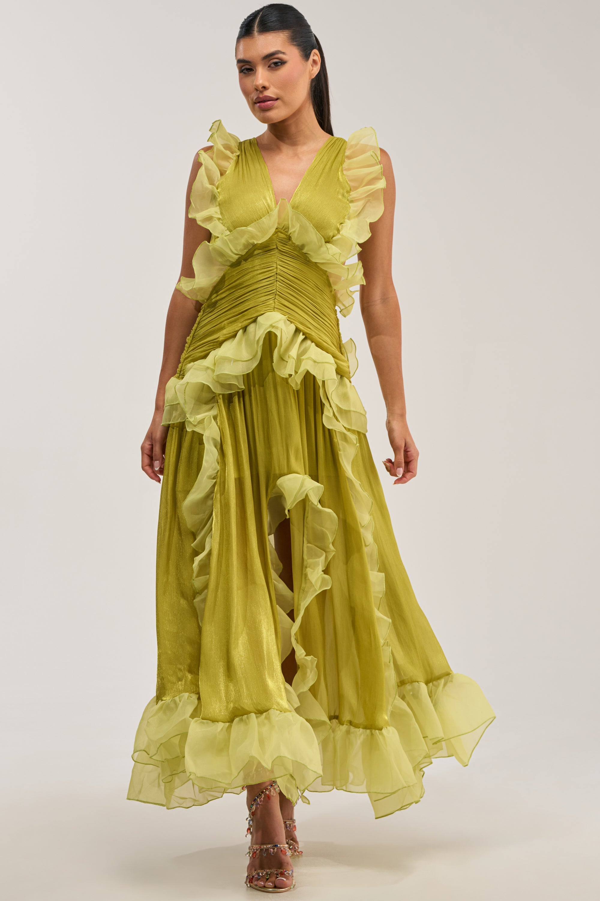 BEAUTIFUL GIRL FLOCKED CHIFFON MAXI DRESS IN GREEN