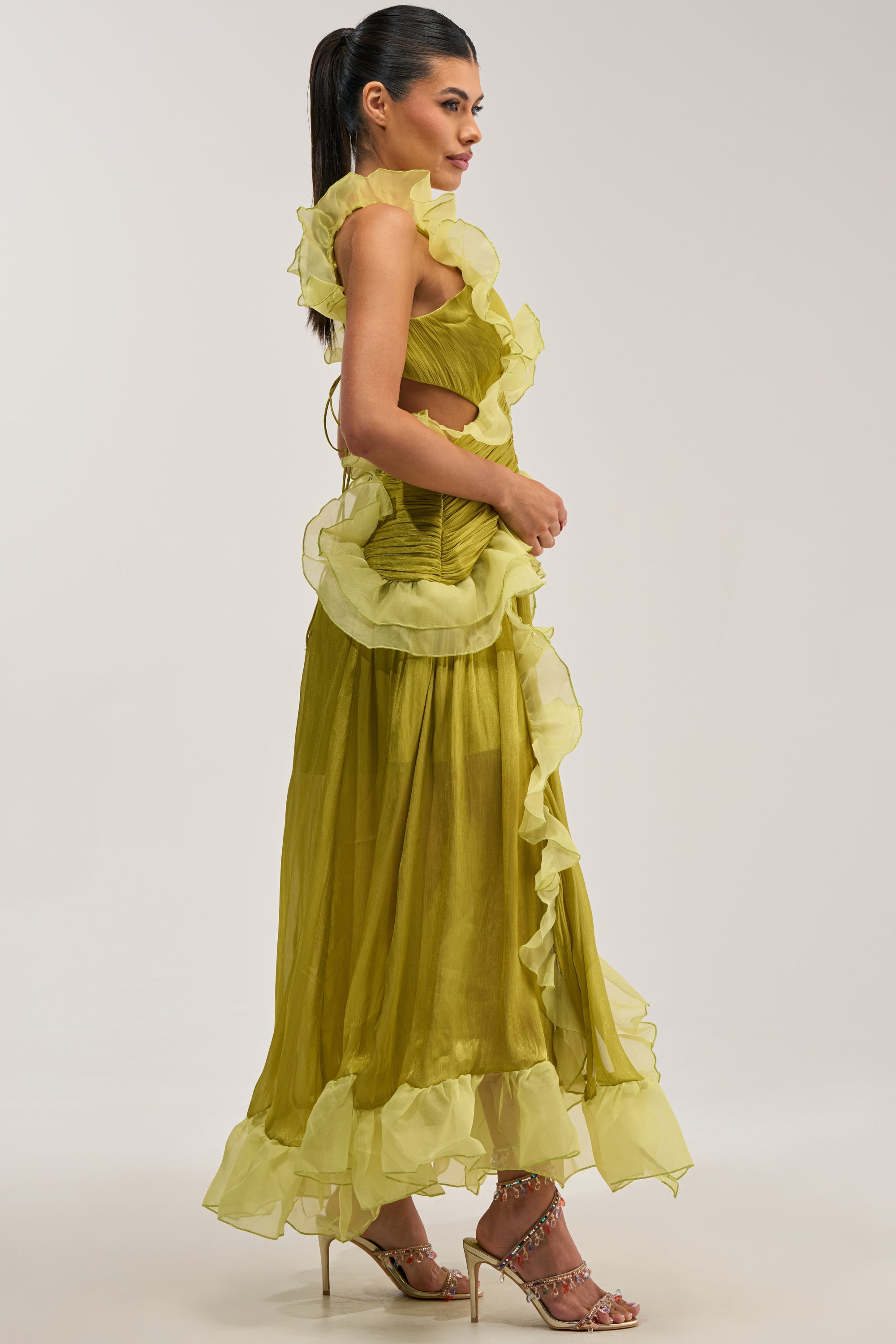 BEAUTIFUL GIRL FLOCKED CHIFFON MAXI DRESS IN GREEN