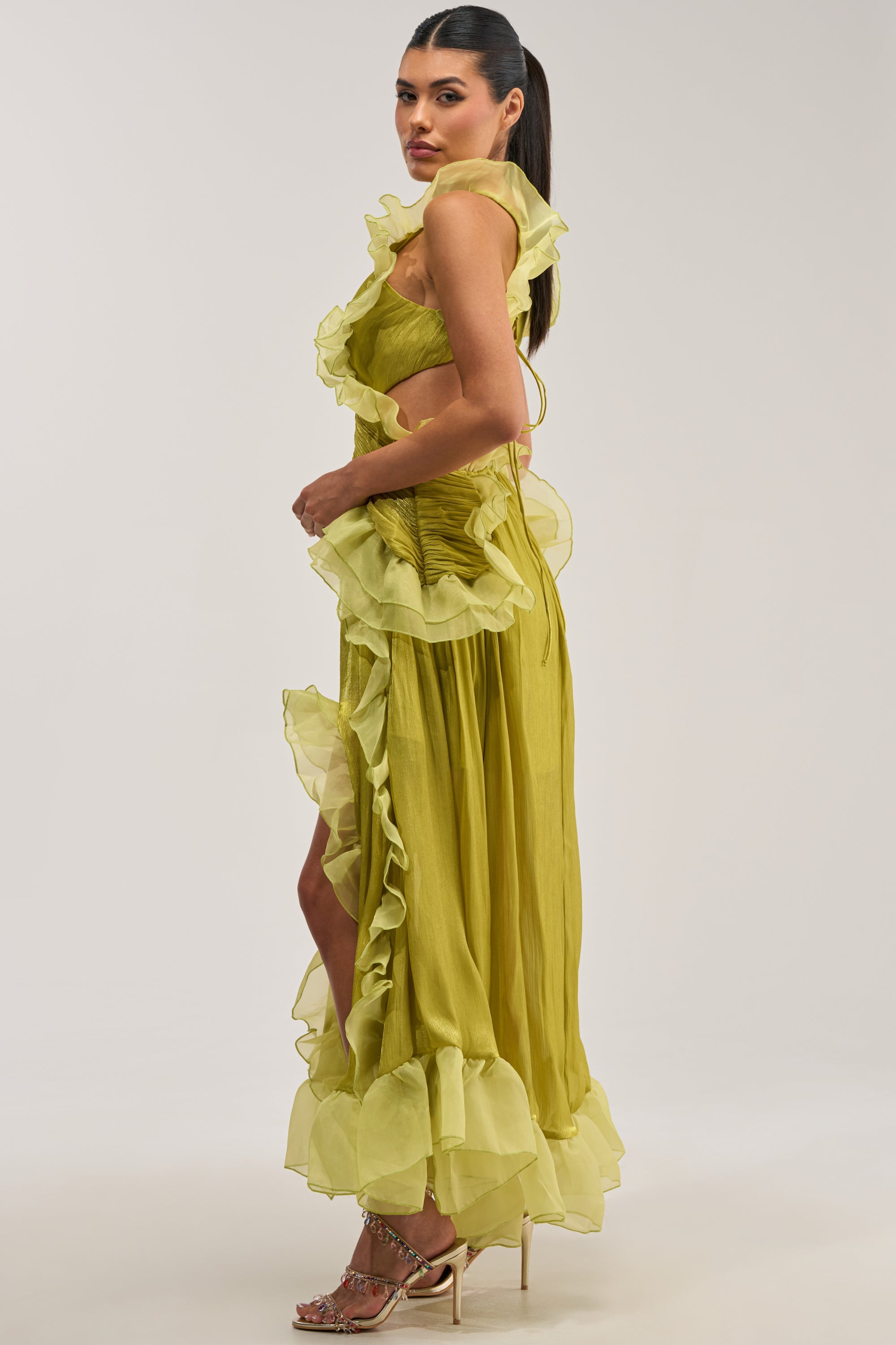 BEAUTIFUL GIRL FLOCKED CHIFFON MAXI DRESS IN GREEN