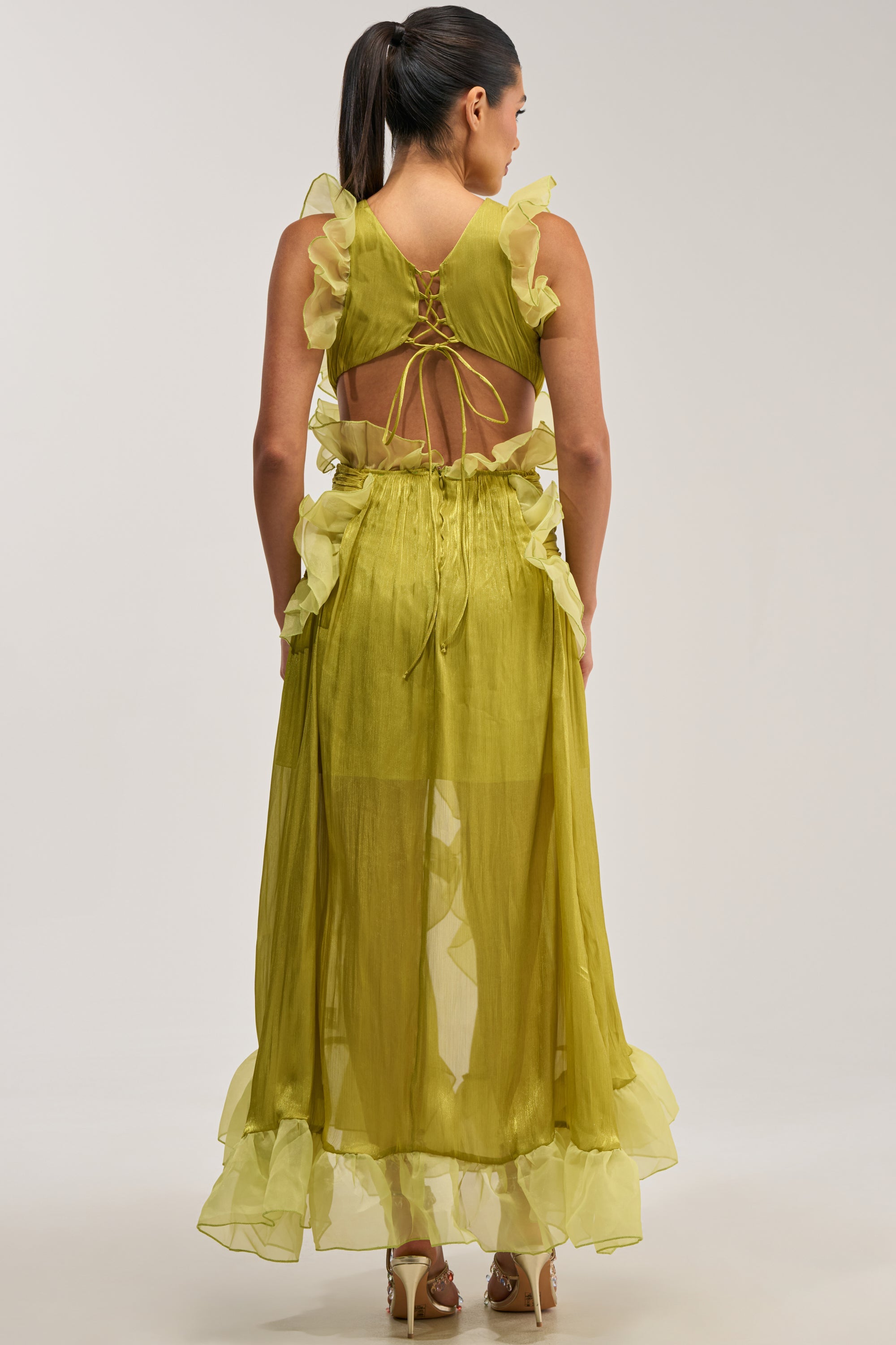BEAUTIFUL GIRL FLOCKED CHIFFON MAXI DRESS IN GREEN