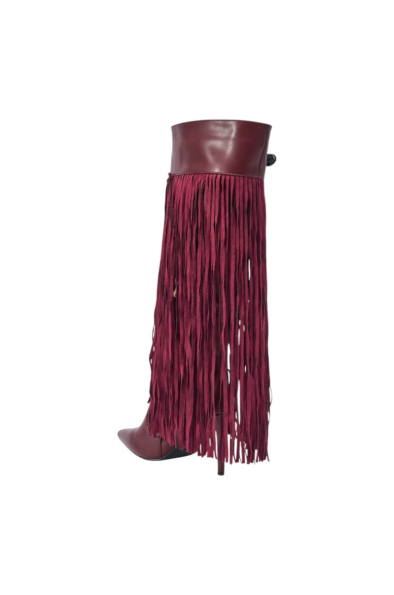 AZALEA WANG HEARTBEAT BURGUNDY FRINGE BOOT