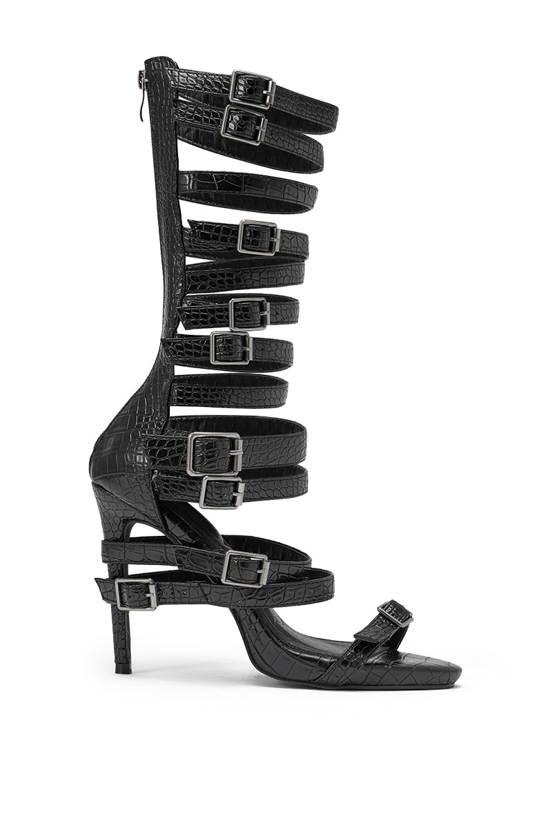 AZALEA WANG HITCH BLACK CROC HARDWARE EMBELLISHED STILETTO SANDAL