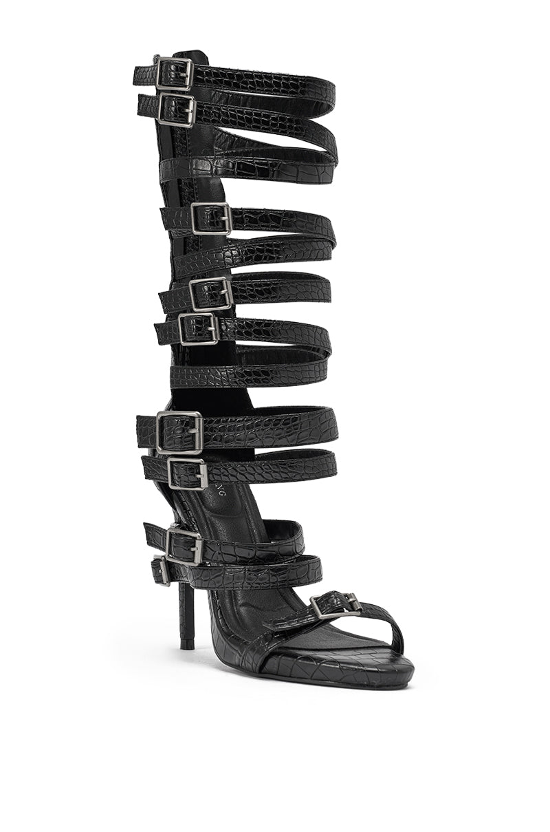 AZALEA WANG HITCH BLACK CROC HARDWARE EMBELLISHED STILETTO SANDAL