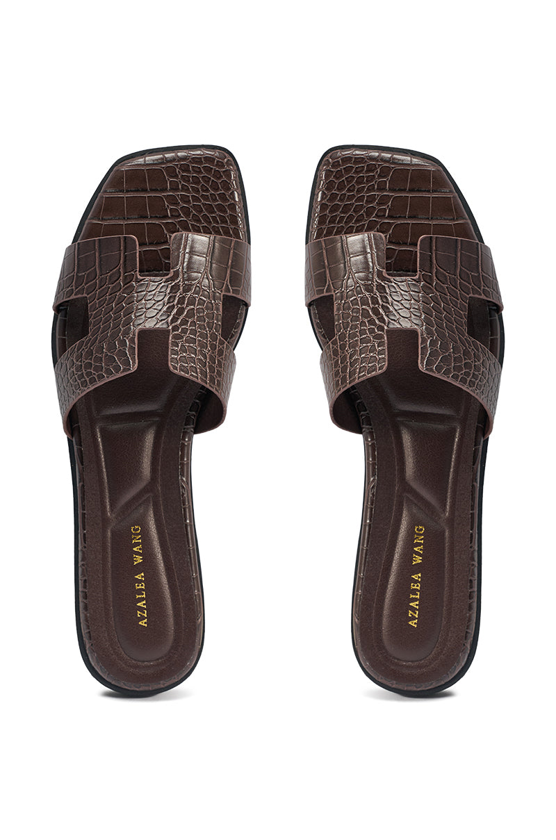 AKIRA HOWDY BROWN CROC SLIP ON FLAT SANDAL