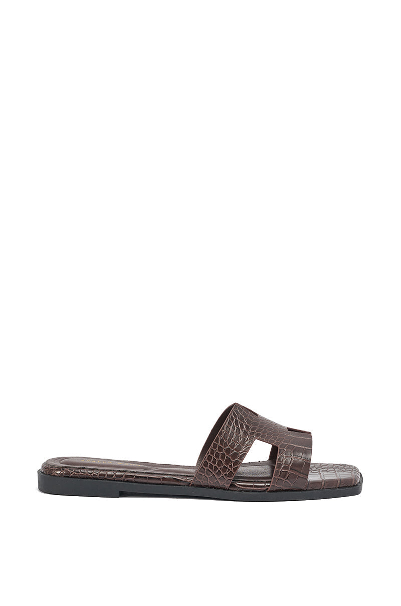 AKIRA HOWDY BROWN CROC SLIP ON FLAT SANDAL