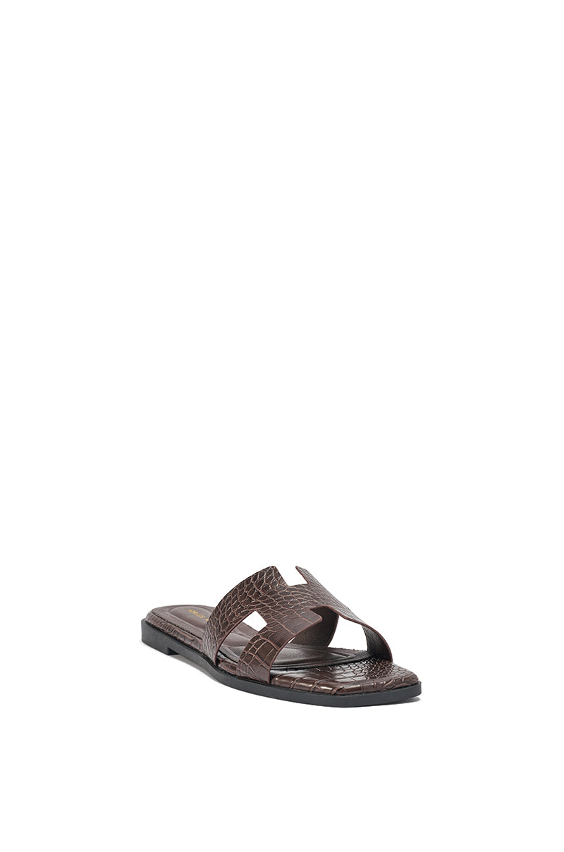 AKIRA HOWDY BROWN CROC SLIP ON FLAT SANDAL