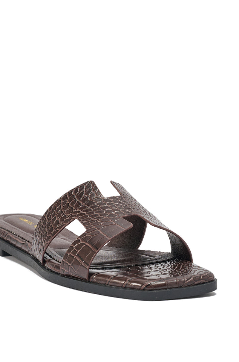 AKIRA HOWDY BROWN CROC SLIP ON FLAT SANDAL