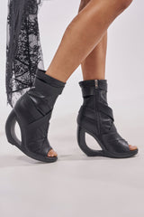 AZALEA WANG IGNITE BLACK WEDGE OPEN TOE BOOTIE WITH BELTING DETAIL