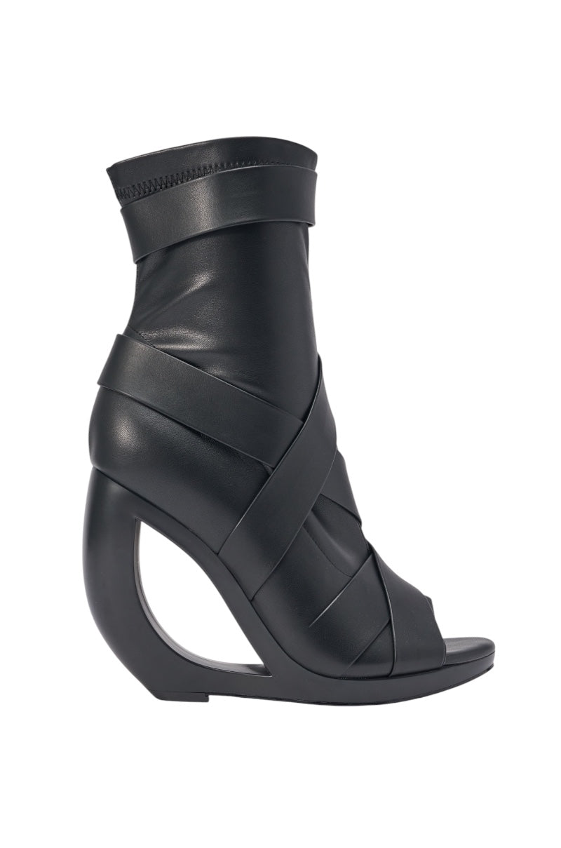 AZALEA WANG IGNITE BLACK WEDGE OPEN TOE BOOTIE WITH BELTING DETAIL