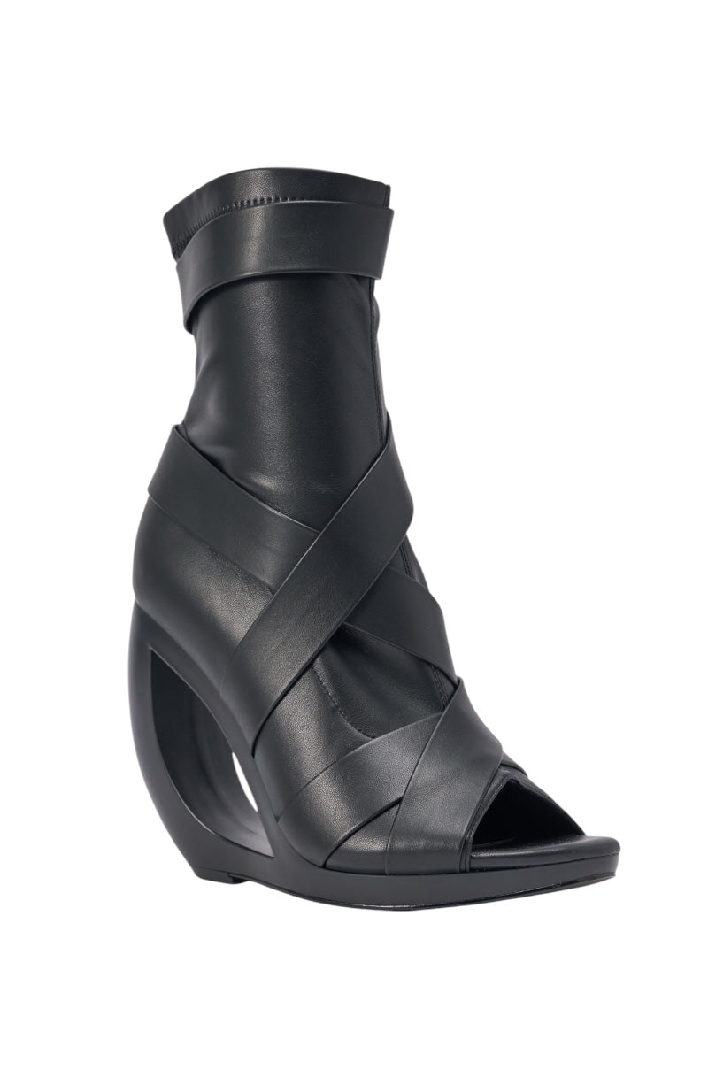 AZALEA WANG IGNITE BLACK WEDGE OPEN TOE BOOTIE WITH BELTING DETAIL