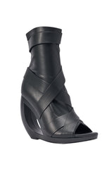 AZALEA WANG IGNITE BLACK WEDGE OPEN TOE BOOTIE WITH BELTING DETAIL