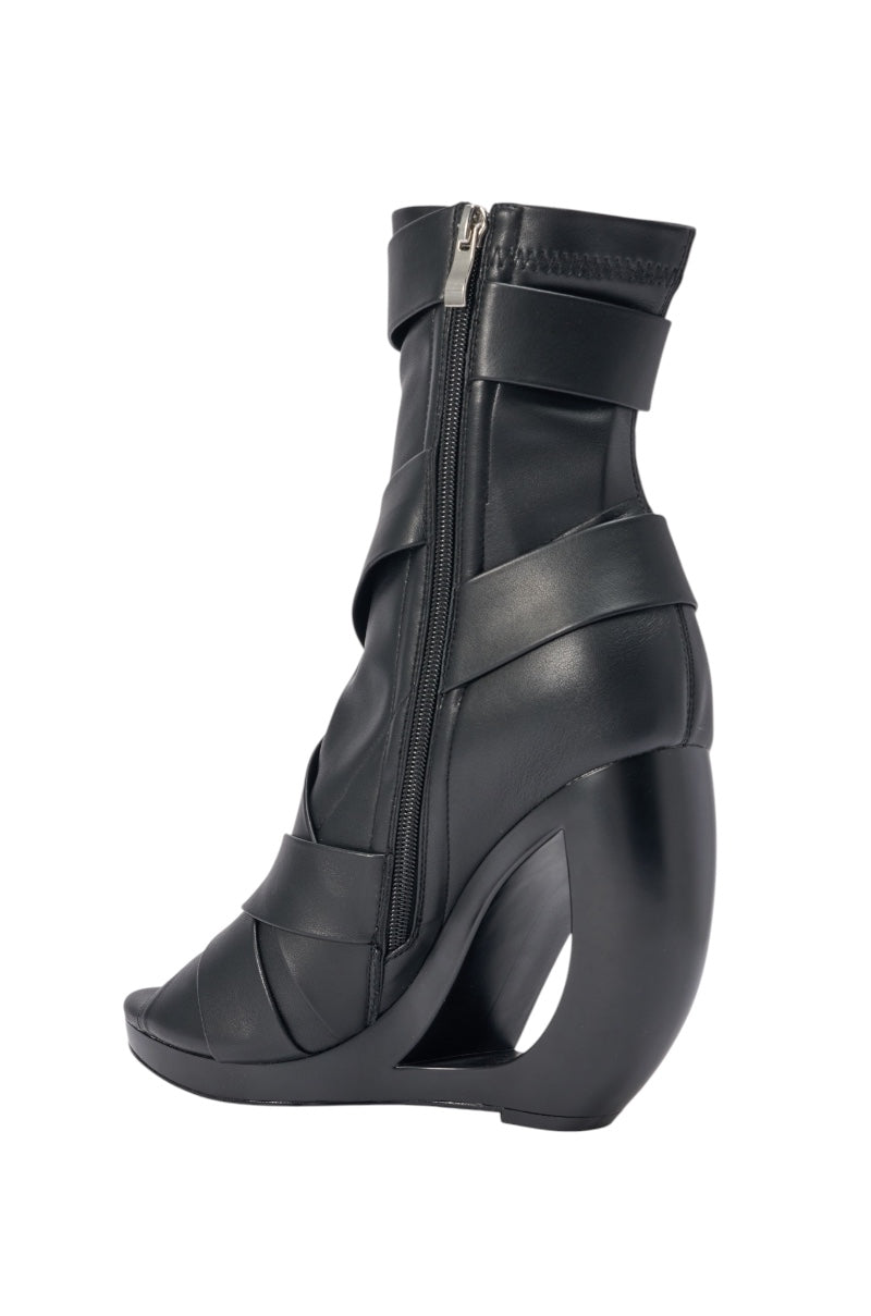 AZALEA WANG IGNITE BLACK WEDGE OPEN TOE BOOTIE WITH BELTING DETAIL