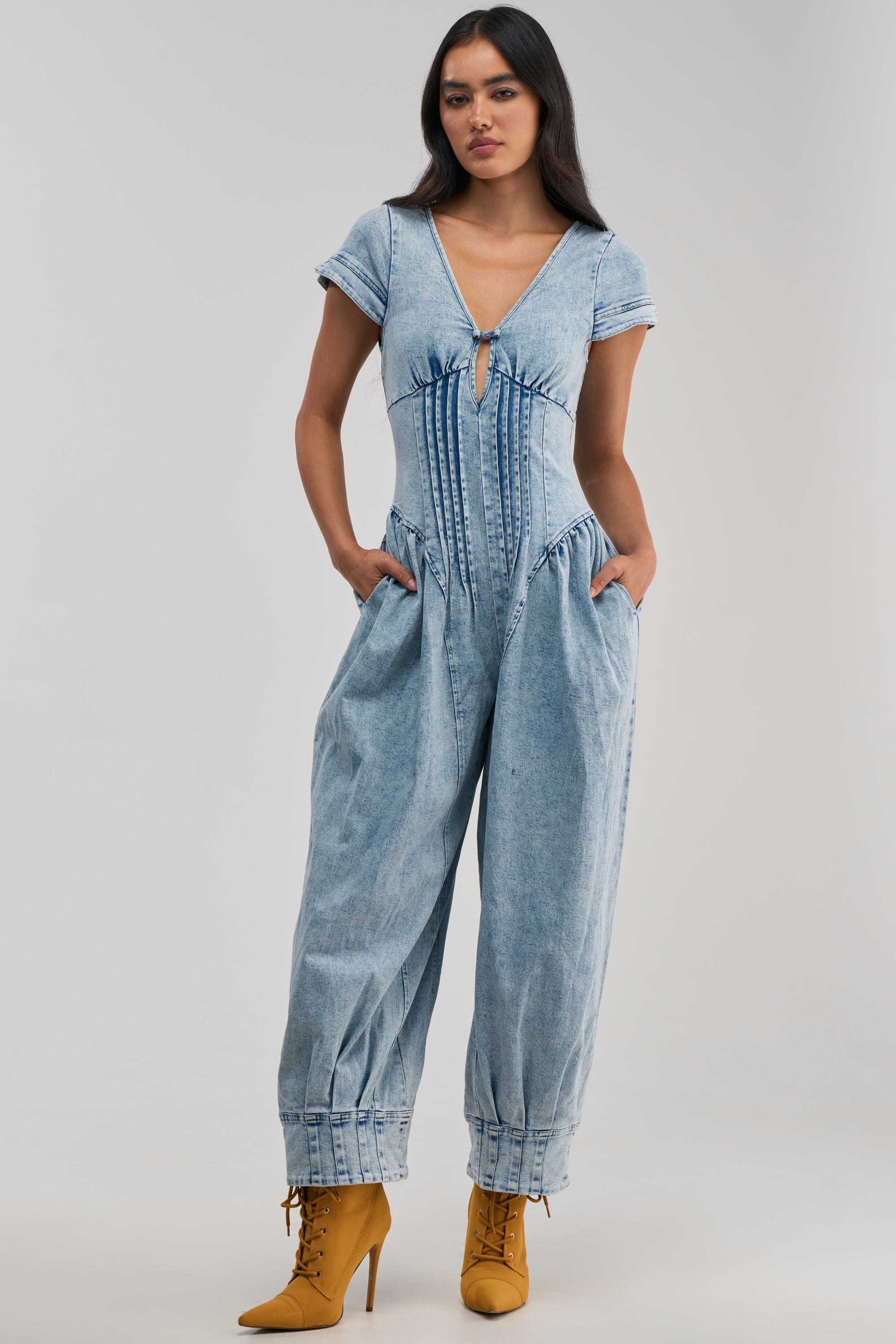 MUST HAVE SHORT SLEEVE DENIM JUMPSUIT