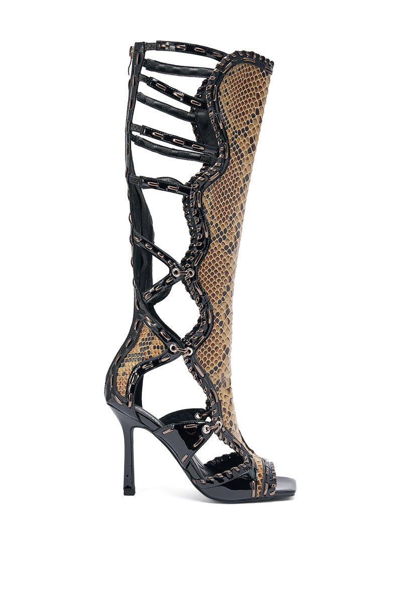 AKIRA GOLD INDRANI BLACK HIGH SHAFT GLADIATOR SANDAL