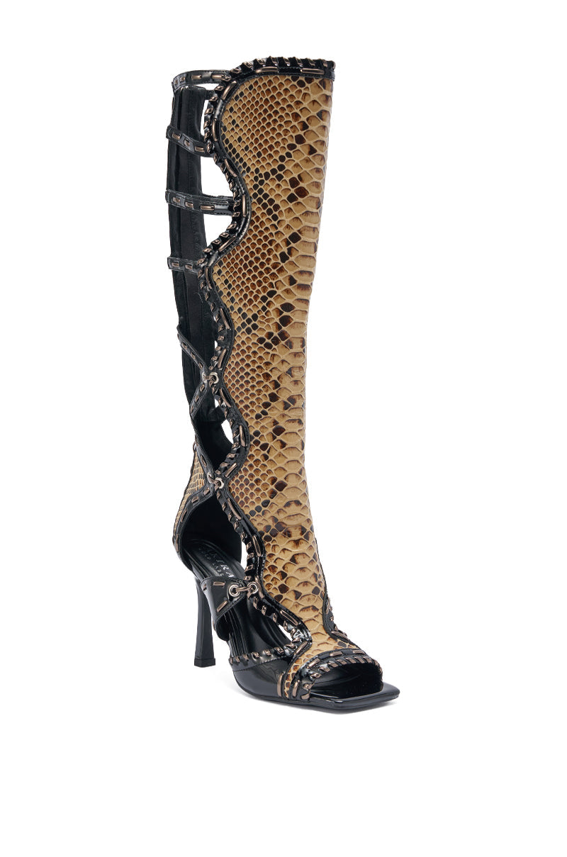 AKIRA GOLD INDRANI BLACK HIGH SHAFT GLADIATOR SANDAL