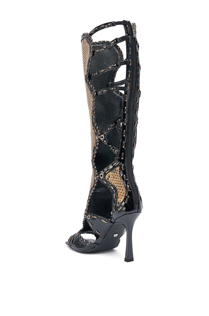 AKIRA GOLD INDRANI BLACK HIGH SHAFT GLADIATOR SANDAL