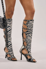 AZALEA WANG INDRANI HIGH SHAFT BLACK AND WHITE ZEBRA PRINT GLADIATOR SANDAL