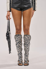 AZALEA WANG INDRANI HIGH SHAFT BLACK AND WHITE ZEBRA PRINT GLADIATOR SANDAL