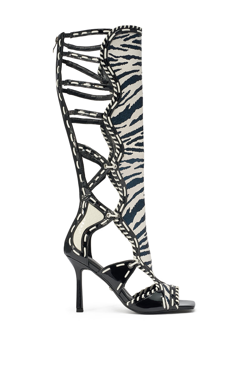 AZALEA WANG INDRANI HIGH SHAFT BLACK AND WHITE ZEBRA PRINT GLADIATOR SANDAL