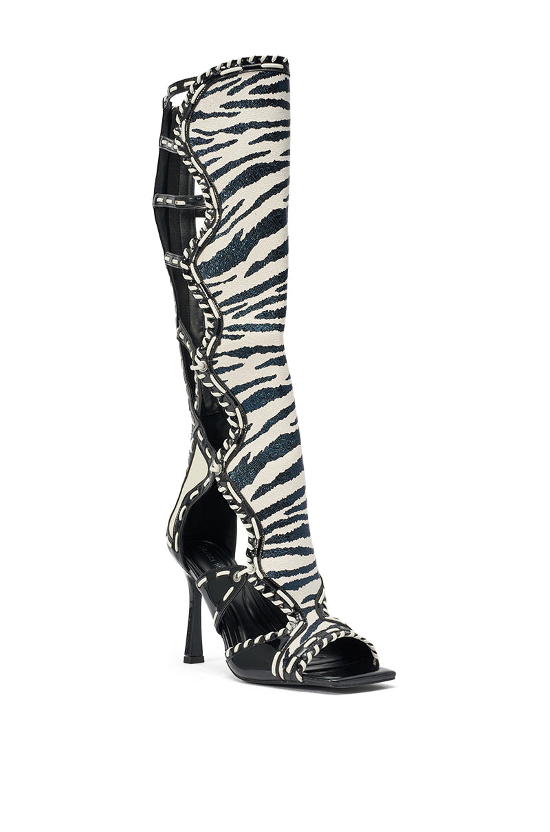 AZALEA WANG INDRANI HIGH SHAFT BLACK AND WHITE ZEBRA PRINT GLADIATOR SANDAL