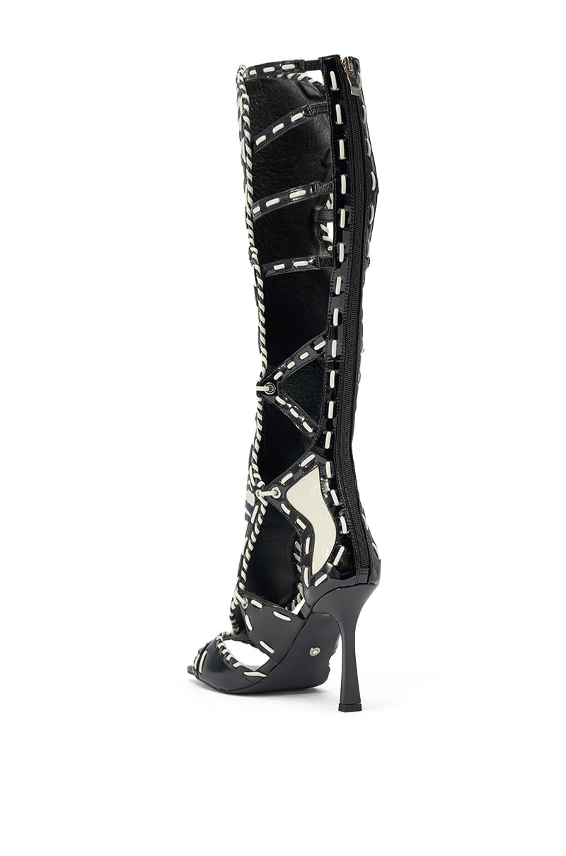 AZALEA WANG INDRANI HIGH SHAFT BLACK AND WHITE ZEBRA PRINT GLADIATOR SANDAL