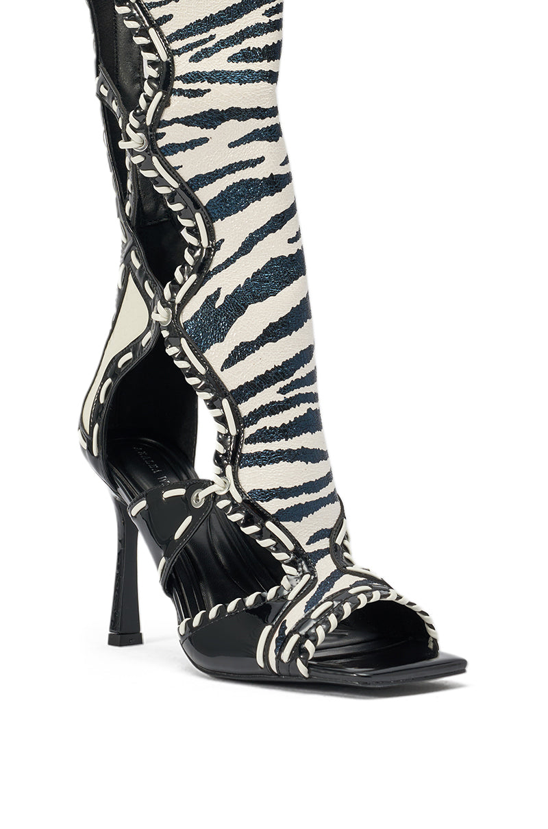 AZALEA WANG INDRANI HIGH SHAFT BLACK AND WHITE ZEBRA PRINT GLADIATOR SANDAL
