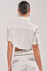 BLANK SPACE CROPPED SHORT SLEEVE BUTTON DOWN
